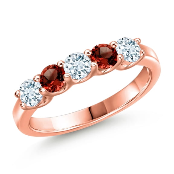Gem Stone King 18K Rose Gold Plated Silver Sky Blue Aquamarine and Red Garnet Wedding-Bands Ring for Women | 0.91 Cttw | Round 3.5MM | Gemstone March Birthstone | Size 9