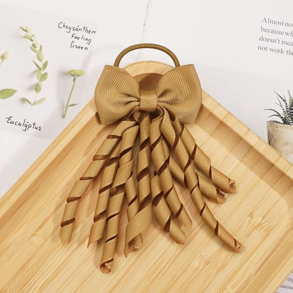 XmhyTop 2Pcs Baby Girls Curly Ribbons Hair Ties Bow Elastic Rubber Bands Grosgrain for Hair Elastic Colored Hair Bands Ponytail Holders for Toddlers Kids (Brown)
