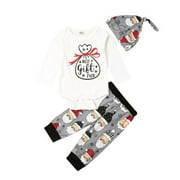 Christmas Best Gift for Baby Newborn Boy Girls Outfits 3 Pieces Set White Long Sleeve Bodysuits Tops +Santa printed Long Pants +Hat