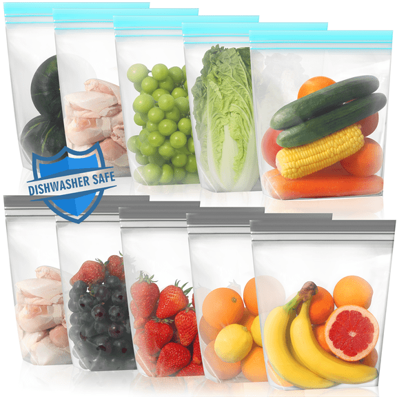 Lerine 10 Pack Dishwasher Safe 11*10in Gallon Stand-up Reusable Freezer Bags, Leakproof Double Zipper Sandwich Bag, Blue&Gray