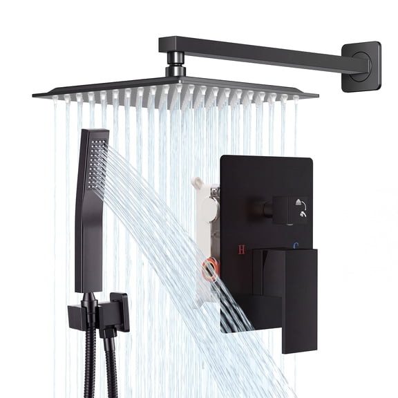 EDX Shower Faucet Set, 10 Inch Square Rainfall Shower Head and Handle Set, Wall Mounted, Pressure Balance Valve, Matte Black