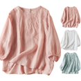 thumbnail image 6 of Lovskoo Cotton Linen Shirts for Women 3/4 Sleeve Round Neck Casual Summer Tops Loose Tee Shirts Blouse White, 6 of 6