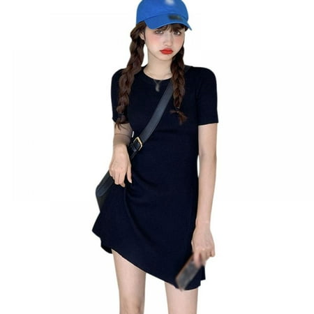 

HLONK Spring And Summer Simple Dress Fresh Slim Neck Knitted Short Skirt