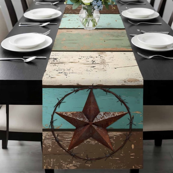 Texas Star Western Table Runner 72 Inches Long, Vintage Teal Brown Wooden Farmhouse Kitchen Coffee Dining Table Decoration for Home Party Birthday Wedding Home Decor 13x72 Inches