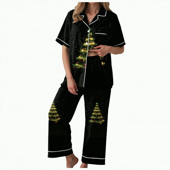 Drie Christmas Pajamas for Women Womens Silk Satin Pajamas Set Short Sleeve Sleepwear Soft Button Down Loungewear Two-piece Pjs Sets Yellow,S