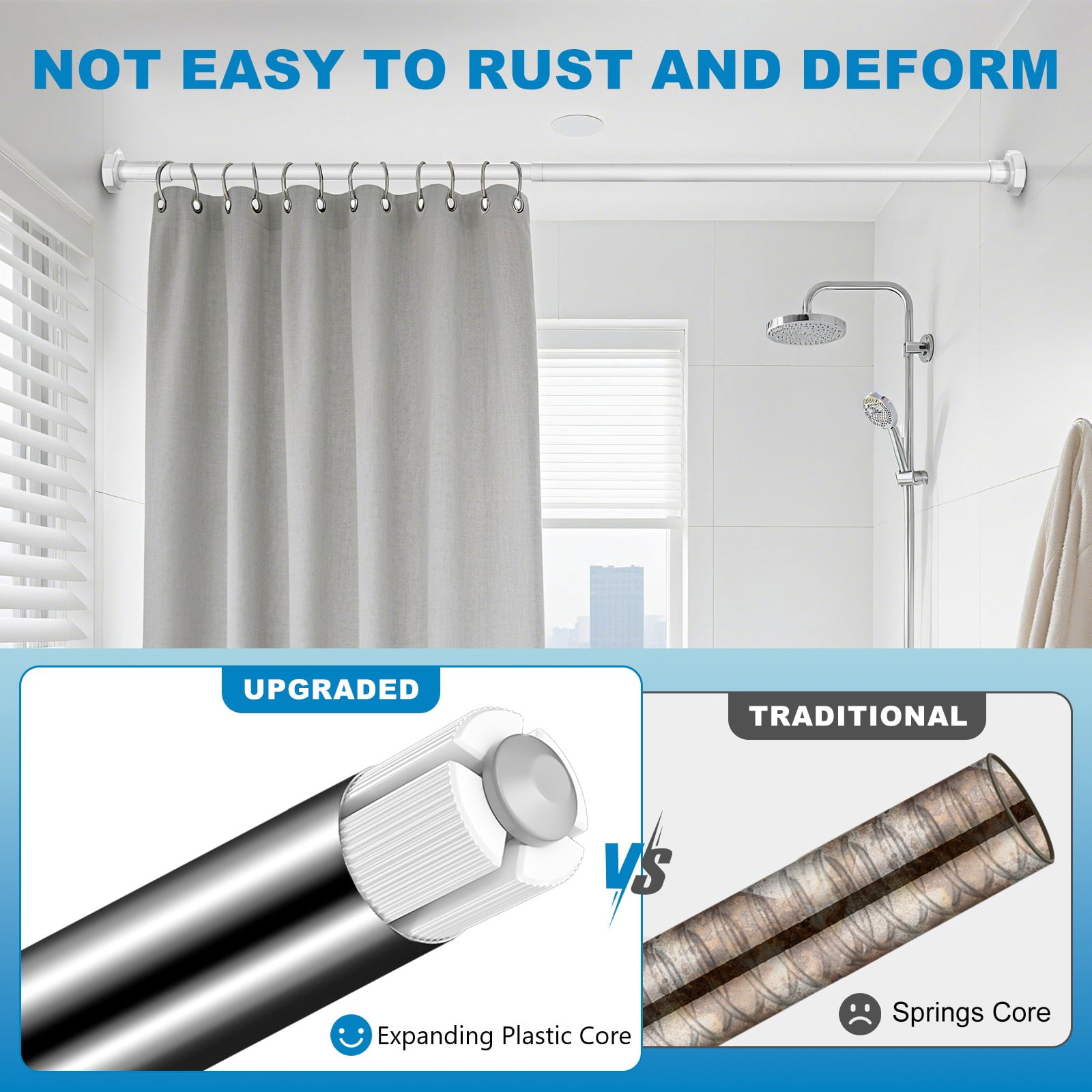 BEAMNOVA No Drill Telescopic Shower Curtain Rods, 44"-75" Adjustable Tension Rod, Rust-Resistant Stainless Steel for Windows Bathroom, White (1 Pack)