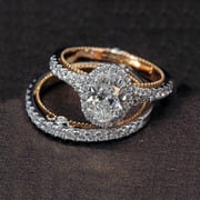 Women's 925 Silver Plated 14 K Rose Gold Diamond Egg-Shaped Ring Set