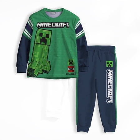 Minecraft Creeper Boys 2-Piece Jersey Set, Long Sleeve Active Mesh T-Shirt & Jogger Pants Bundle for Kids (Sizes 4-16)