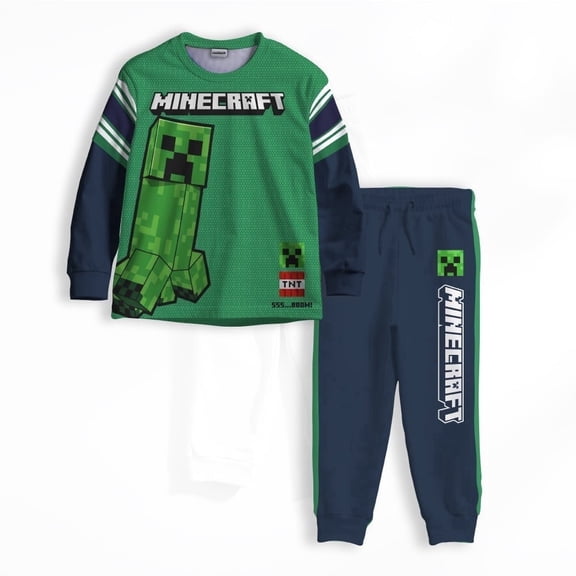 Minecraft Creeper Boys 2-Piece Jersey Set, Long Sleeve Active Mesh T-Shirt & Jogger Pants Bundle for Kids (Sizes 4-16)
