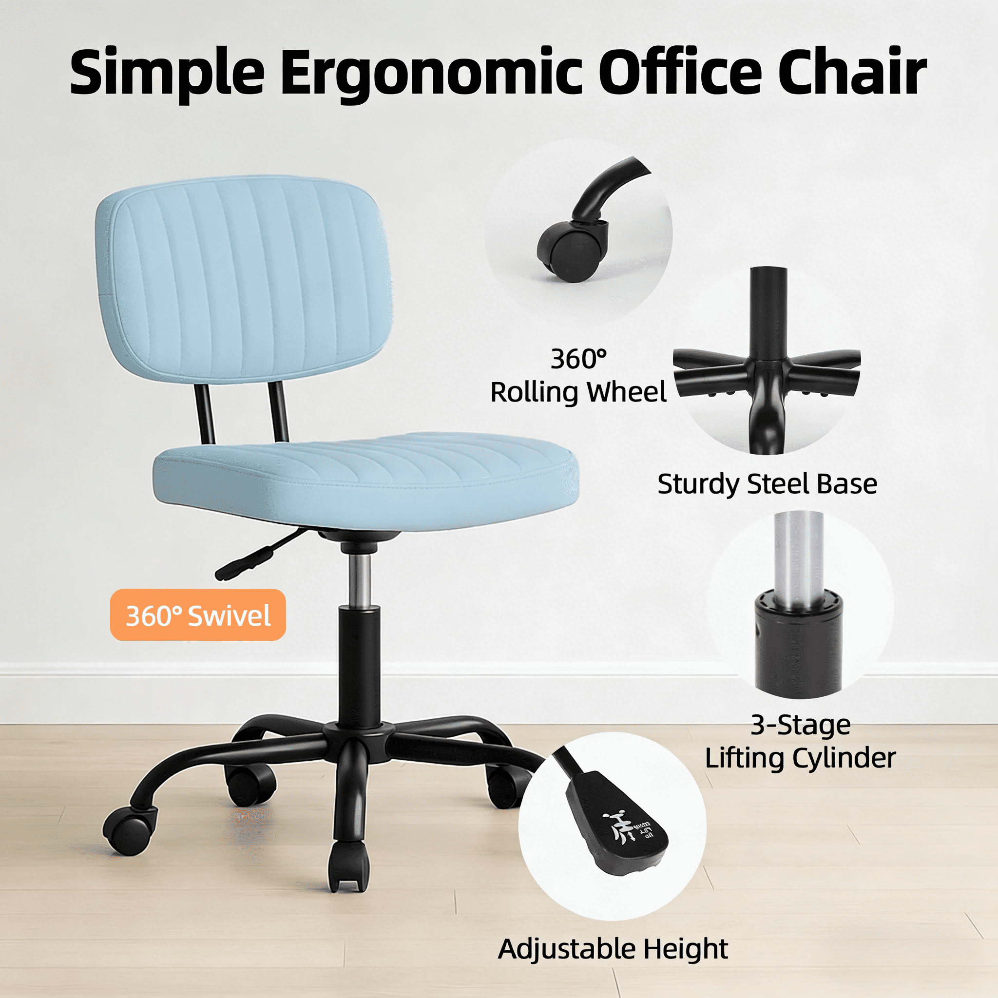 CONCETTA Ergonomic Home Office PU Leather Desk Chair, Small Space, Armless Rolling Chair for Adults, Blue