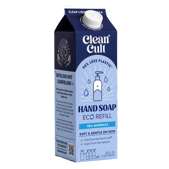 Recambio de jabón líquido para manos Cleancult - Minerales marinos - Suave para la piel sensible - Hecho con aloe vera y aceites esenciales - Ecológico - Embalaje a base de papel - 32 oz/1 paquete