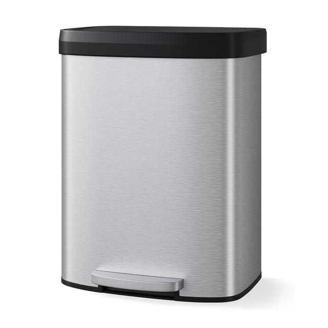 Step Trash Can – Large Capacity 16 Gal Stainless Steel – Soft-Close Plastic Lid – Rectangular – Kitchen, Bathroom & Living Room – Recycling Waste Container – Silver