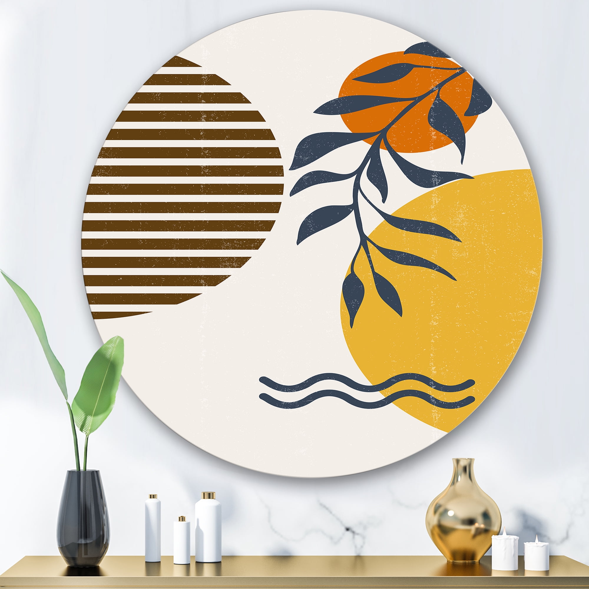 Designart 'Abstract Shapes With Botanical Minimalist Leaf I' Modern Circle Metal Wall Art 36x36 - Disc of 36