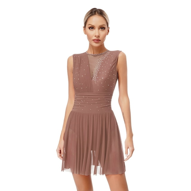 inlzdz Robe de Danse Lyrique à Strass Pailletés pour Femmes, Robe de Patinage Fluide, Justaucorps de Ballet, Danse Moderne, Rose Poussiéreux S