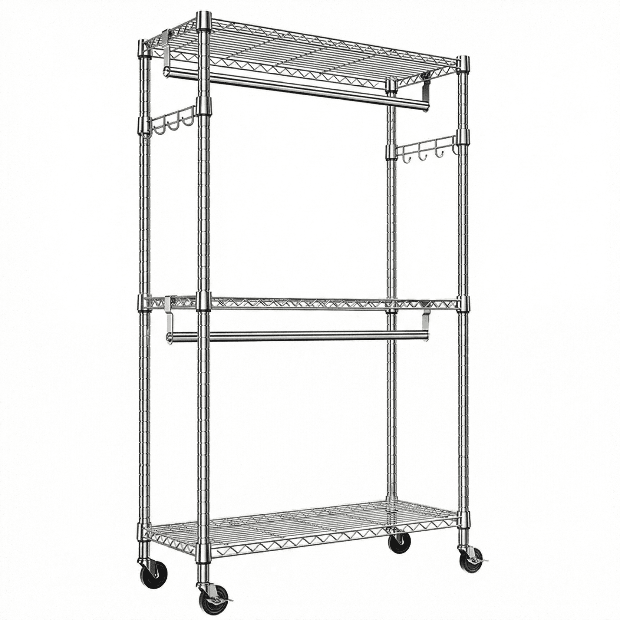 Heavy Duty Closet Garment Rack,3-Tier Adjustable Metal Freestanding Clothes Rack with 2 Rods and Side Hooks,Wheels,15.7" D x 29.5" W x 74.5" H,Chrome