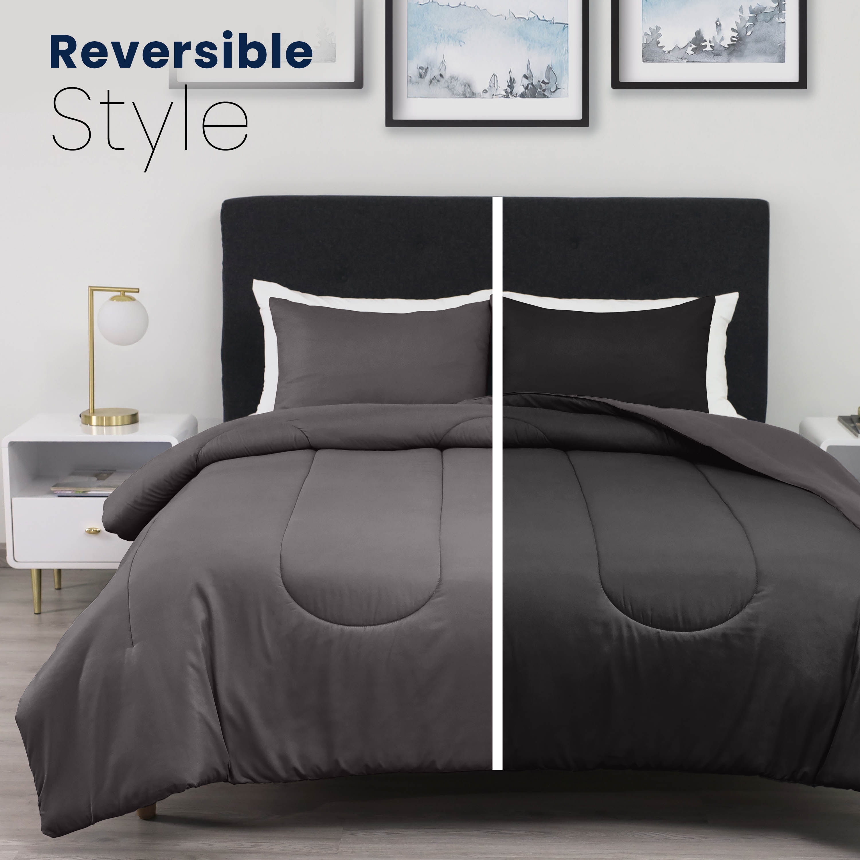Martex 3-Piece King Reversible Comforter Set | Super Soft Lightweight | Graphite/Ebony