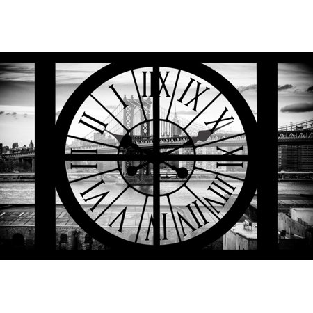 Giant Clock Window - View on Manhattan Bridge and the Empire State Building IV Print Wall Art By Philippe