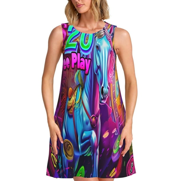 Fotbe Neon Free Play Vestido de Verano sin Mangas para Mujer – Vestido Midi Línea A, Estilo Camiseta Floral, Vestido Playero Casual y Fluido