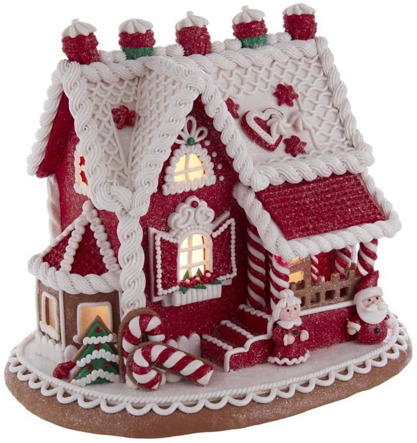 Kurt Adler 9Inch Red and White Santa and Mrs. Claus Gingerbread House