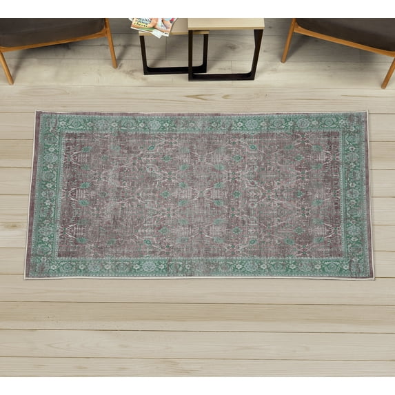 Ethnic Decorative Rug, Weathered Look Abstract Nostalgic Floral Ornaments Vintage Design Flourish, Quality Carpet for Bedroom Dorm and Living Room, 6 Sizes, Green and Redbrown, by Ambesonne