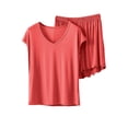 thumbnail image 3 of Qtocio Ensemble de Pyjama Court pour Femmes, Haut à Manches Courtes en Tricot Doux Uni Ample à Col Ras du Cou et Short, Tenue de Nuit Confortable pour Dames, 3 of 5