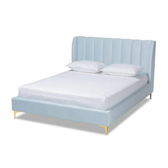 Bowery Hill Modern Velvet Upholstered Queen Platform Bed in Light Blue