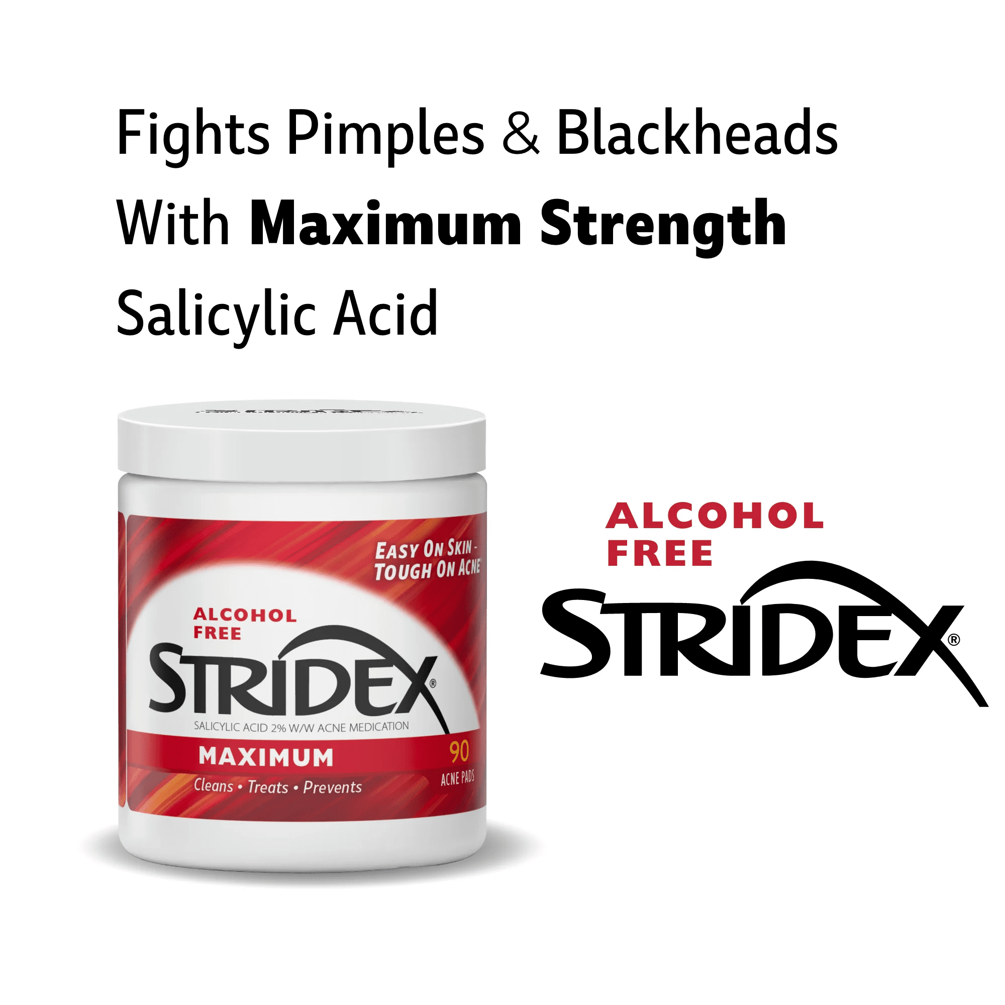 Stridex Medicated Acne Pads, Maximum Treatment, Moderate Acne, Salicylic and Alcohol Free, 90 Count