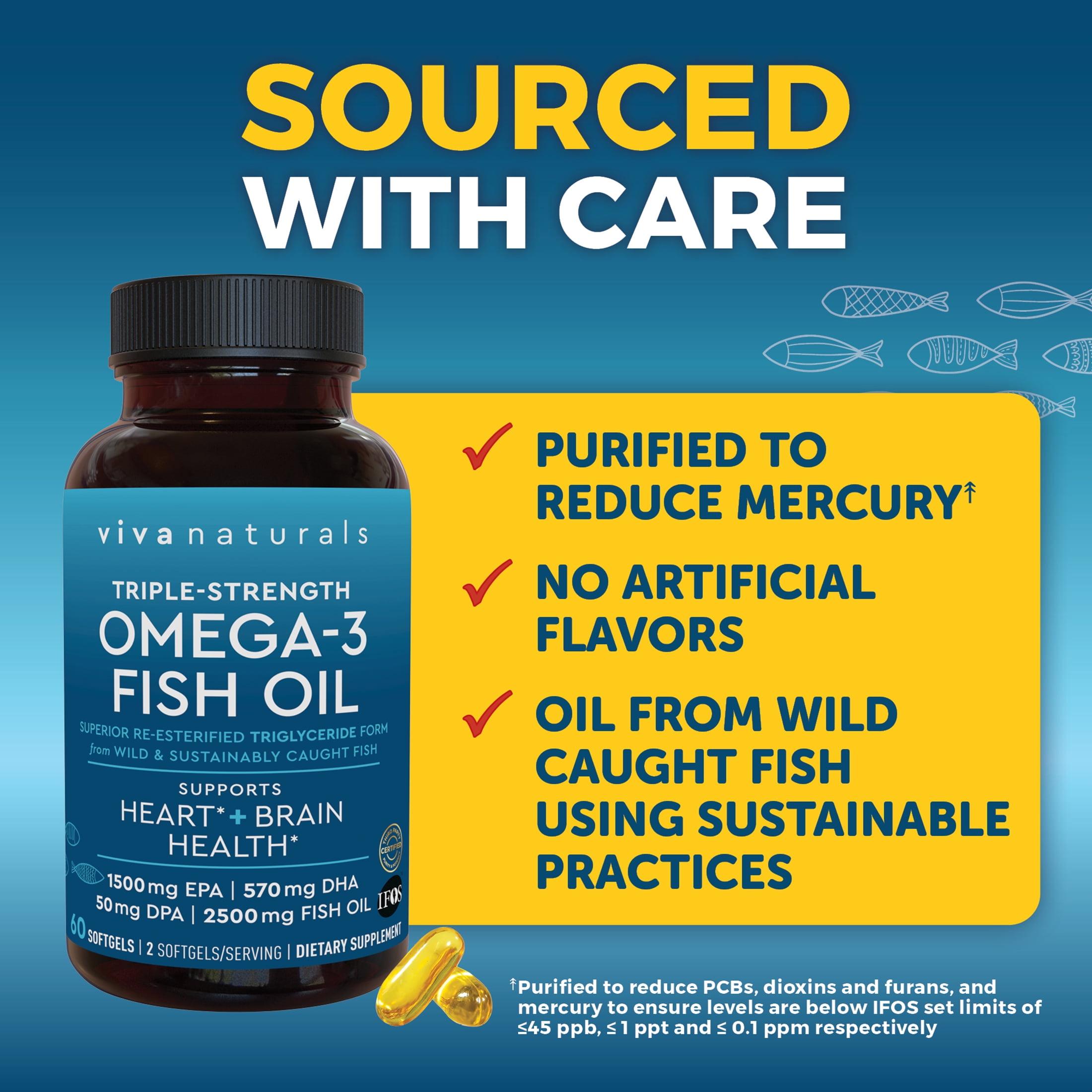 Viva Naturals Triple-Strength Omega 3 Fish Oil Supplement, 2500 mg, 60 Pescatarian-Friendly Softgels