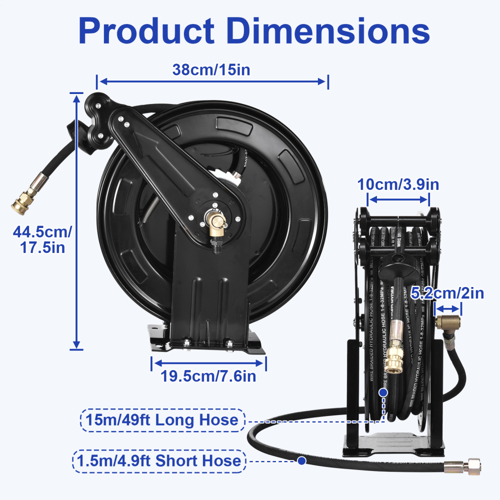 VAHIGCY Pressure Washer Hose Reel 50 Ft 3/8inch X 50 FT Heavy Duty Tools Hose Reel Auto-Retractable Hose Reel Steel Arm 4000 PSI Hose Reel For Easy Watering Of Garden Or Yard usual