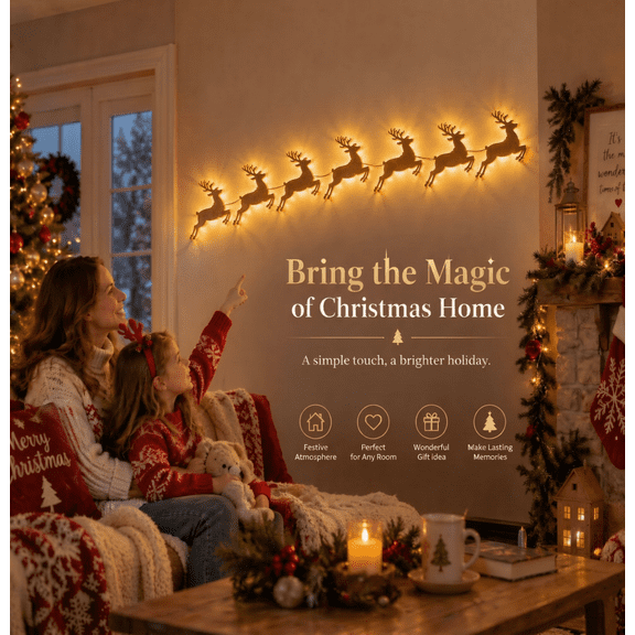LED Reindeer Wall Decorations Set, Christmas Wall Decor with Warm LED Backlight, Peel & Stick Reindeer Decoration