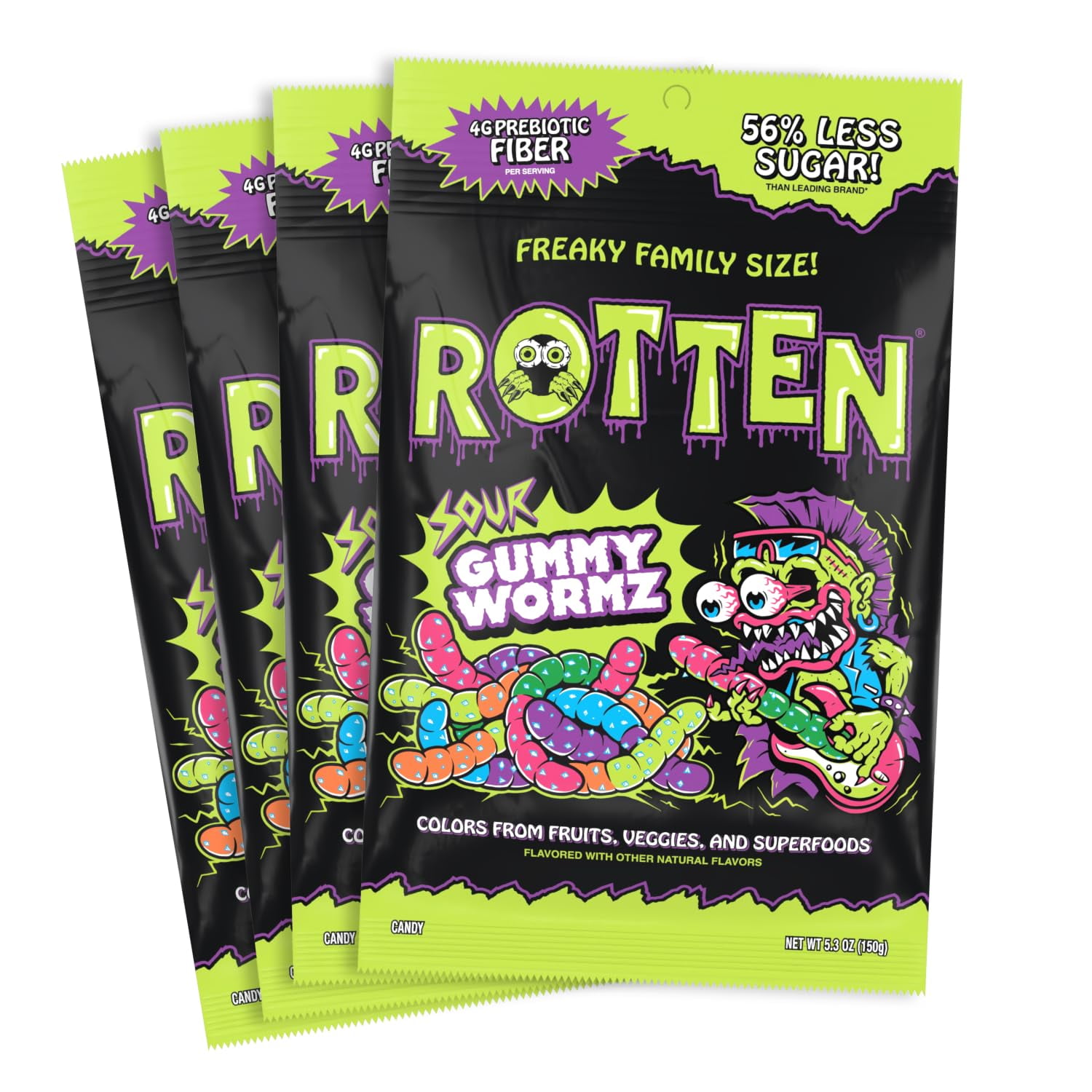 Rotten Sour Gummy Worms - Low Sugar, Low Calorie, 7g Gut-Friendly Prebiotic Fiber and 3g Protein, Gluten Free Candy - 5.3 oz Share Pack [4 Pack]