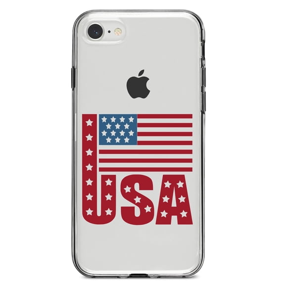 DistinctInk Clear Shockproof Hybrid Case for iPhone 7 8 SE (2020 Model) 4.7" Screen TPU Bumper Acrylic Back Tempered Glass Screen Protector - USA Flag Banner Red White & Blue