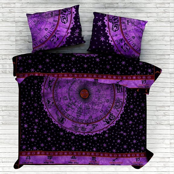 Purple Zodiac Horoscope Astrology Hippie Bohemain Cotton Mandala Duvet Cover, Boho Mandala Duvet Cover with Pilow Cover
