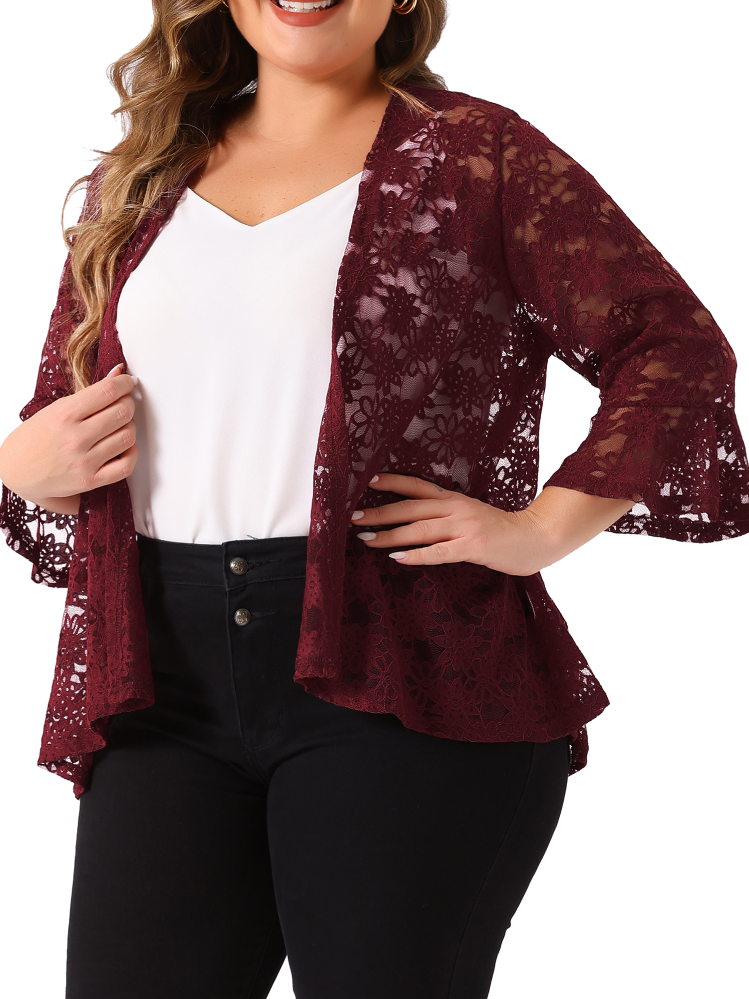 DARING DIVA Women's Plus Size Open Front 3/4 Sleeve Sheer Lace Cardigan 4X Burgundy