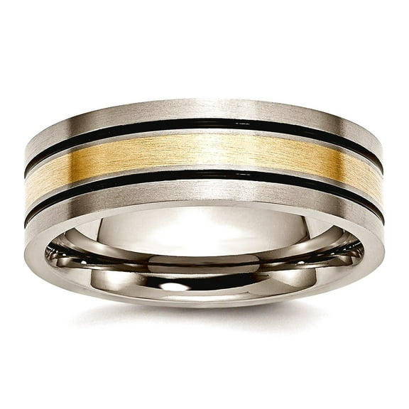 Titanium Brushed Antiqued Flat Band Artisan Oxidized 14k Gold Inlay-Flat 7mm Brush/Antique-Band Size 8-Band Style Ring f