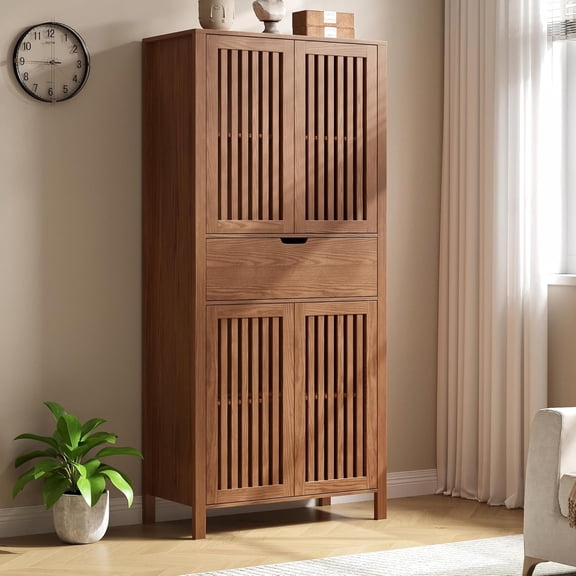 69" Tall Farmhouse Storage Cabinet with Drawer & Adjustable Shelves, Grille Door Organizer Unit, Anti-Tip Design for Bathroom, Kitchen, Living Room, Rustic Brown