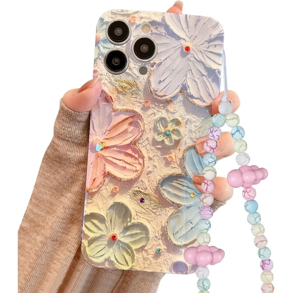 Compatible for iPhone 13 Pro Max Case with Cute Retro Oil Painting Flowers Crystal Design for Girls Woman TPU Slim Floral Case for iPhone 13 Pro Max Cover Colored Pearls Phone Charm
