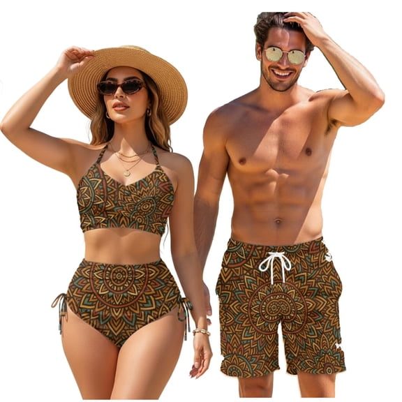 Psesaysky Matching Bathing Suits for Couples Mandala Crisscross Bikini Sets for Women Men Board Shorts Patriotic His and Hers Swimsuits Matching Sets for Beach/Party-S