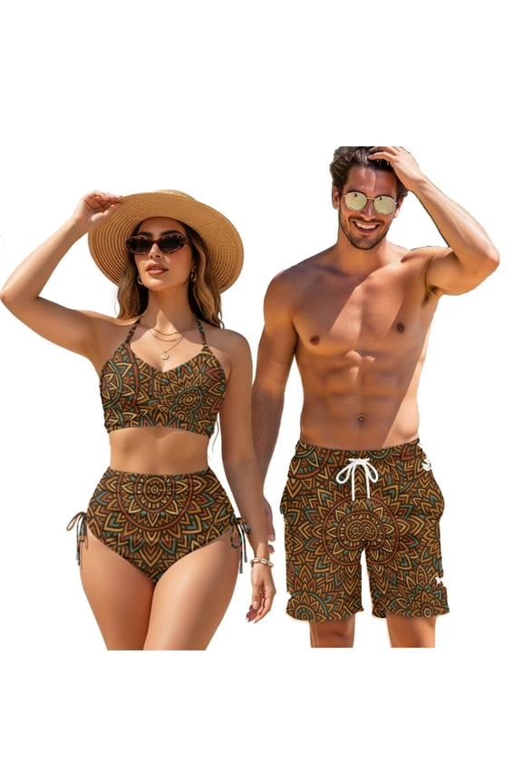 Matching Bathing Suits for Couples Mandala Crisscross Bikini Sets for Women Men Board Shorts Patriotic His and Hers Swimsuits Matching Sets for Beach/Party