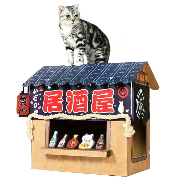 SMILE PAWS Large Sturdy Cardboard Cat House with Scratcher, Izakaya Bar