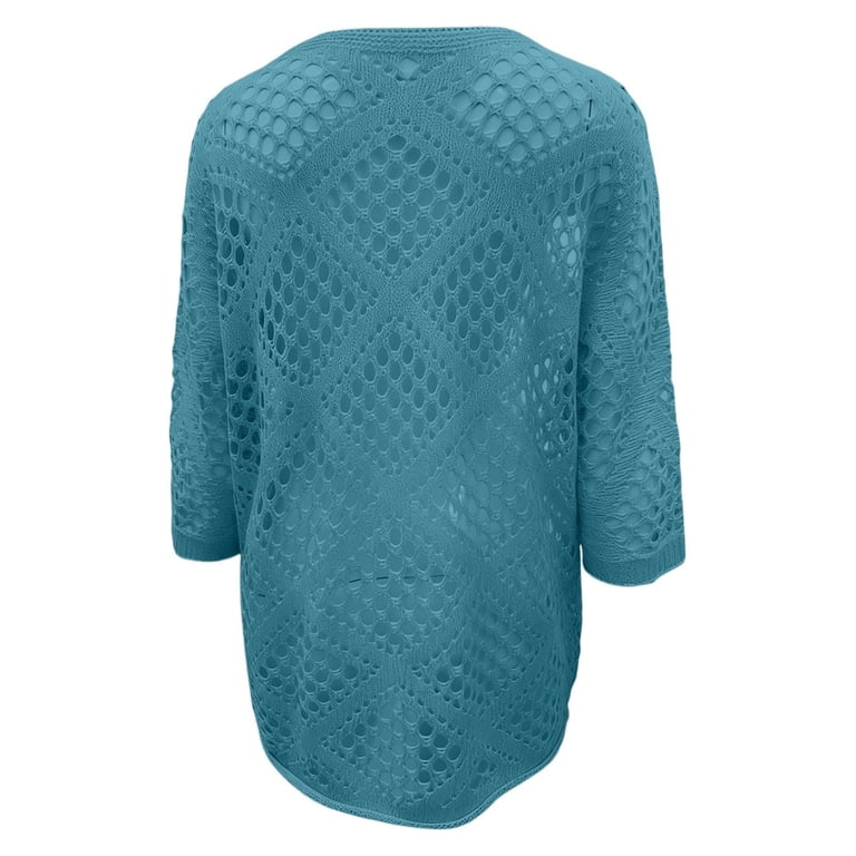 WRFWUL Womens Crochet Tops 3/4 Length Sleeve V Neck Sheer Hollow