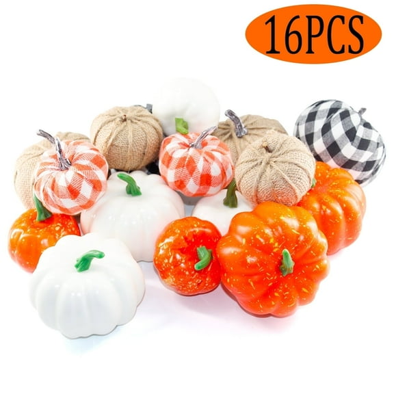 Thanksgiving Artificial Pumpkins Decor Burlap Faux Foam Pumpkin for Fall Harvest Autumn Season Halloween Holiday 16 Pcs