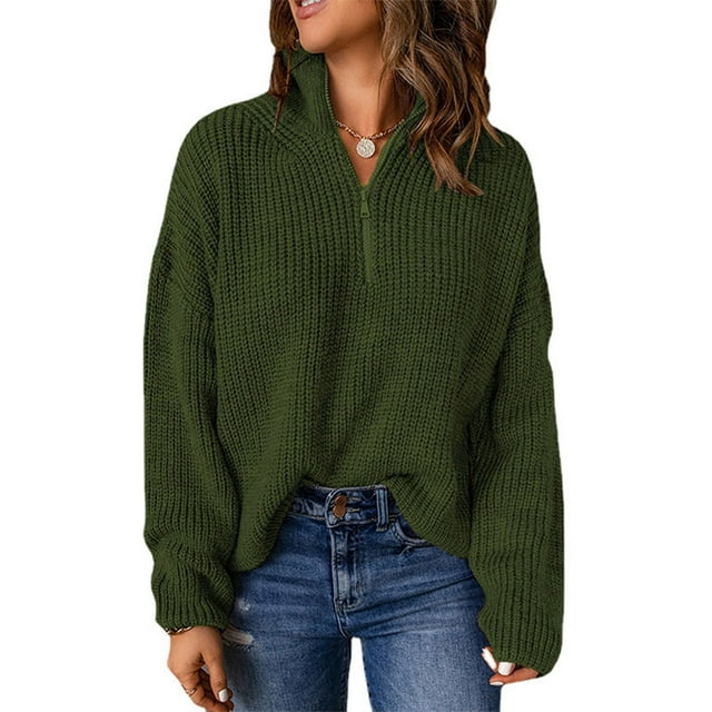 Suéter de las mujeres Suéter Zip Up Cuello Alto Gota Hombro Mangas de Color Puro Señora Suéter de Punto para el Otoño Invierno