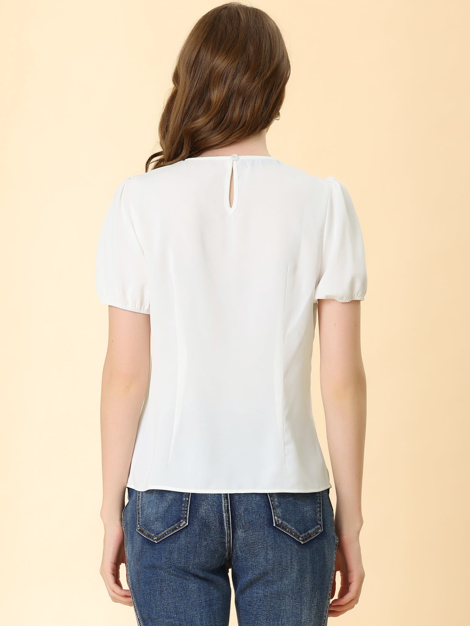 DARING DIVA Women's Retro Puff Sleeve Peter Pan Collar Blouse Top S White