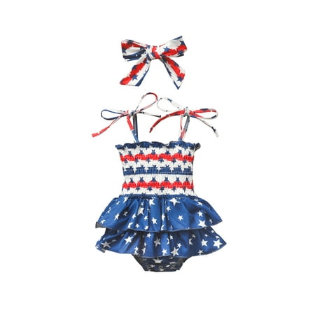 

TheFound Newborn Baby Girl 4th of July Outfit Sleevekess Stars Print Layered Strap Romper Dress Headband 2Pcs Set