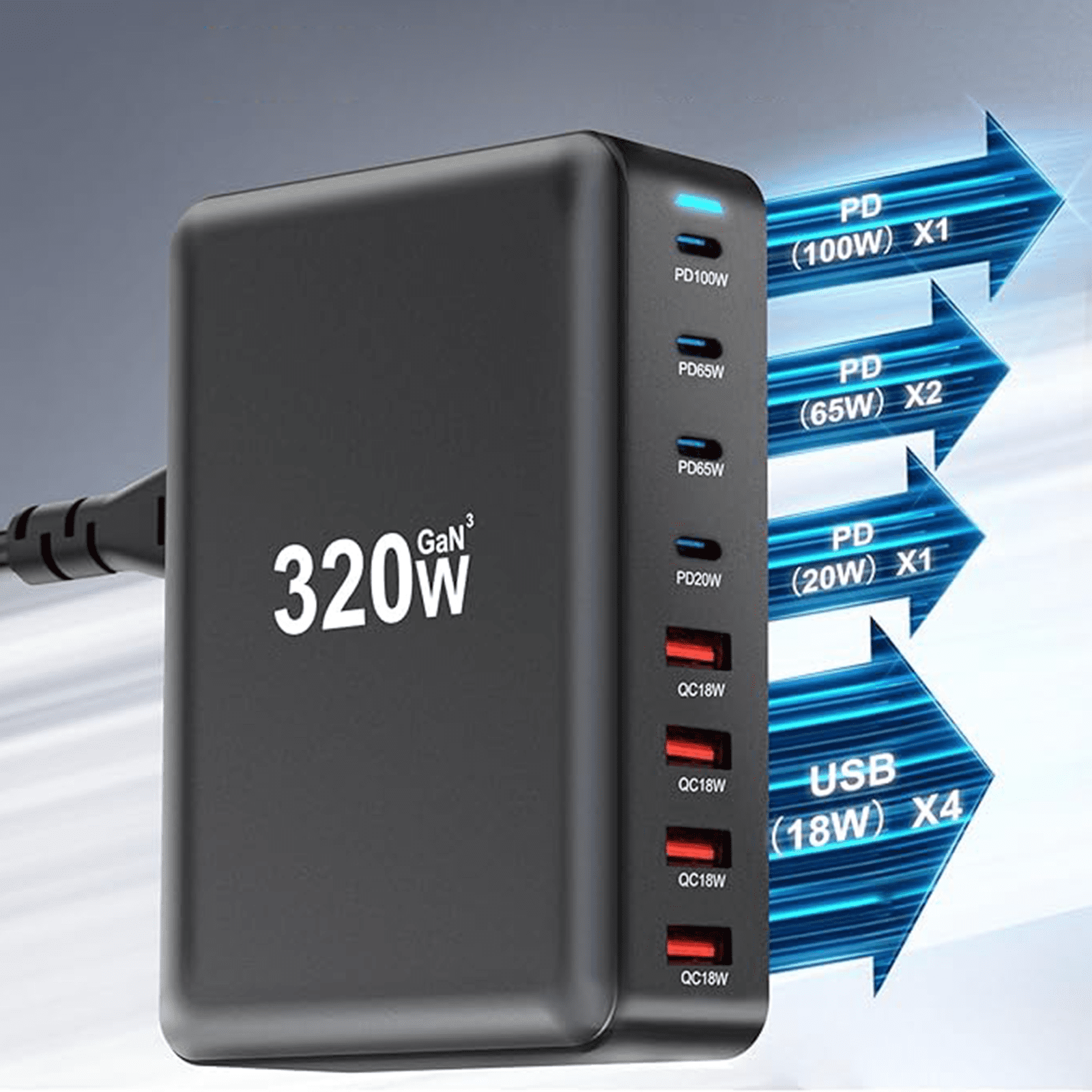 320W GaN 10-Port USB Type C Charging Station, 100W PD3.0 + QC3.0 Fast Charger Hub for Laptop, Phone, Tablet, Smartwatch - Safe & Reliable