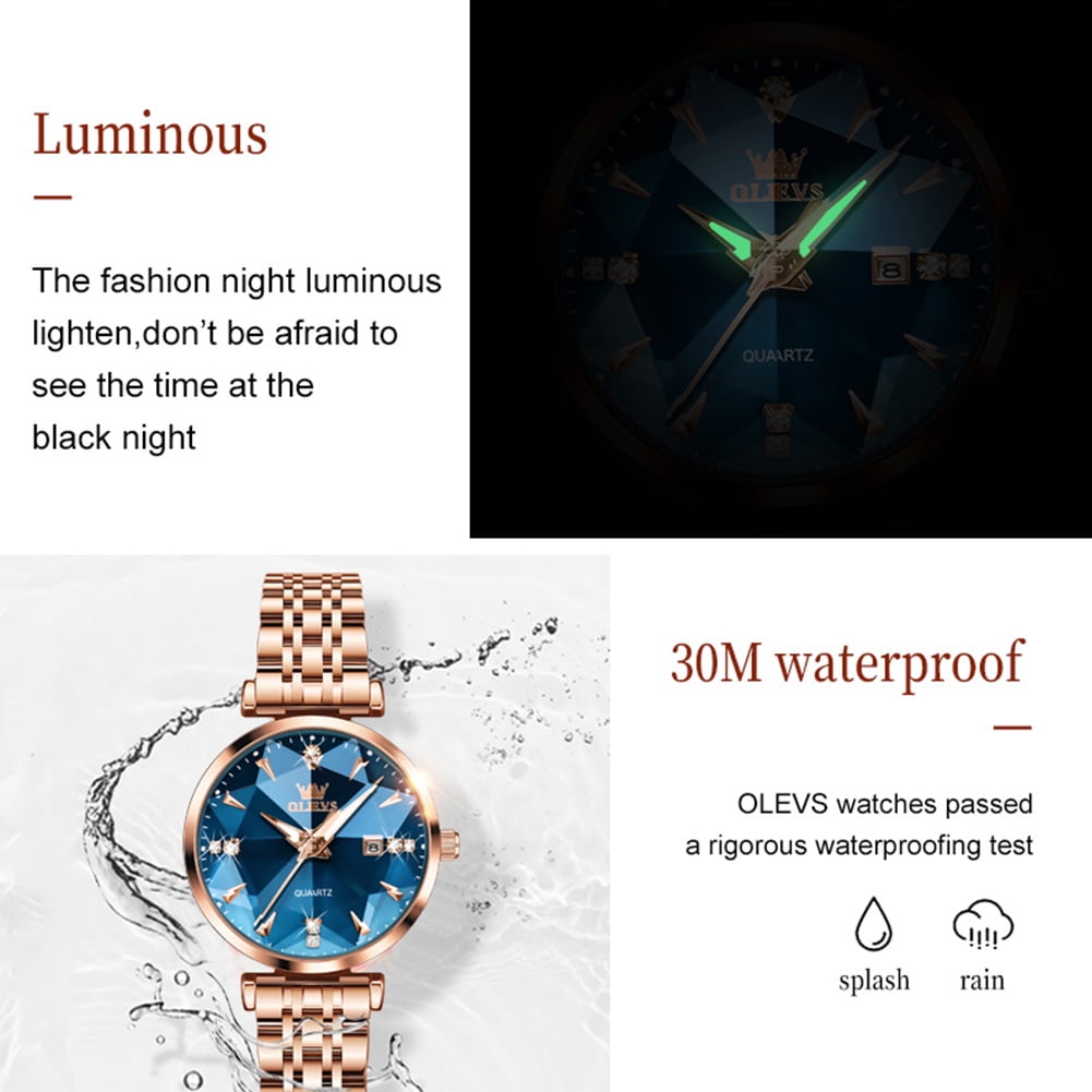 OLEVS Women Watch Fashion Rose Gold Diamond Analog Quartz Female Watch for Women Luxury Dress Ladies Stainless Steel Luminous Waterproof Date Wrist Watches Blue Dial
