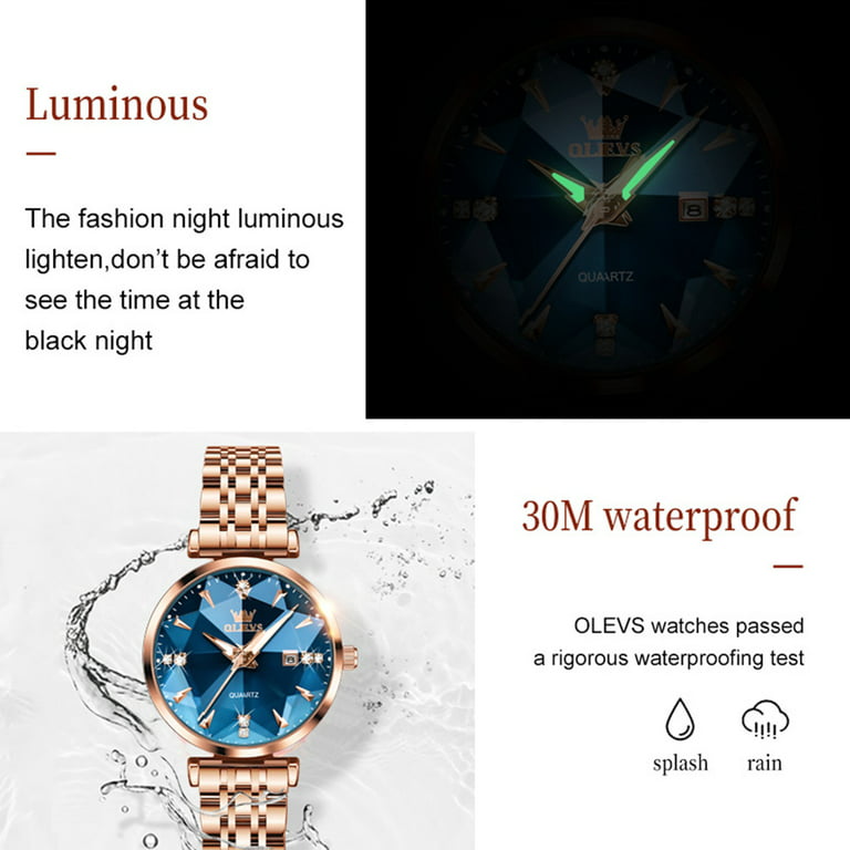  OLEVS Waterproof Watches for Women Luxury Dress Women's Wrist  Watches Quartz Analog Rose Gold Stainless Steel Ladies Watches Blue Face  Simple Slim Thin Watch with Day,reloj para Mujer : XIN LINGYU