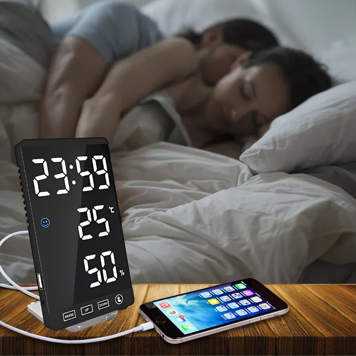 Led Digital Alarm Clock, 6 Inch Digital LED Alarm Clock Touch Control Snooze Display Time Night Led Table Desk Output USB Charger Port Alarm Mirror Clock