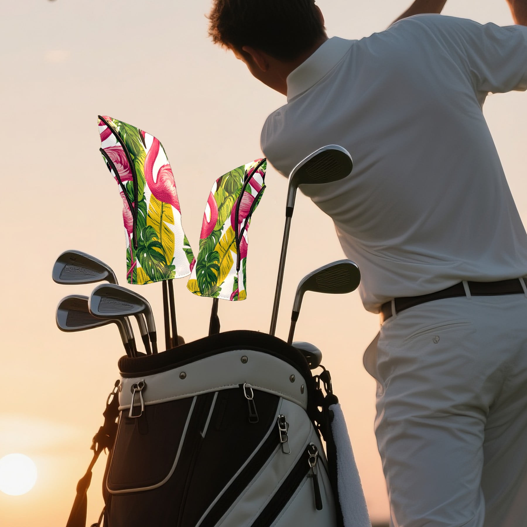 Golf Club Headcovers High Quality Waterproof Leather Golf Head Cover Set Men Women Driver Head Cover Exclusive Gift for Golf Lovers Green Flamingo